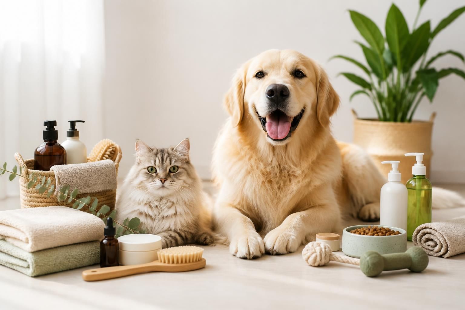 Nuzo pet essentials arranged in a bright