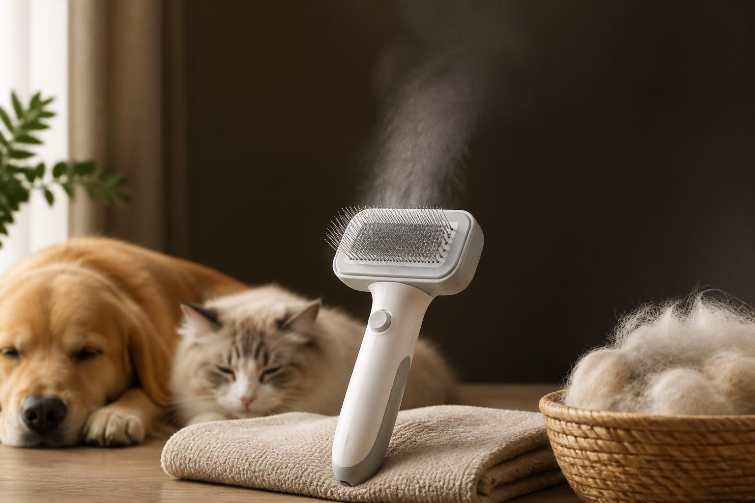 A steam deshedding brush for dogs and cats centered on a clean grooming setup