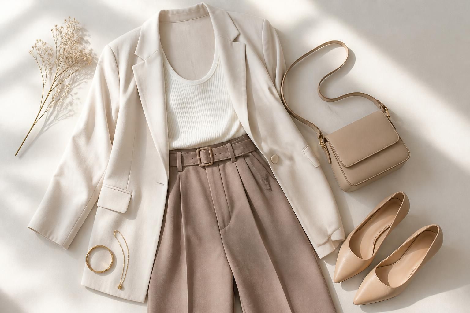 Syy Style fashion collection arranged in a clean editorial flat lay on a bright neutral surface