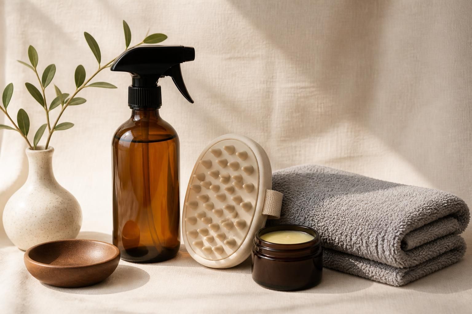FurRevive 3-Step System bundle arranged on a warm cream linen backdrop with the spray