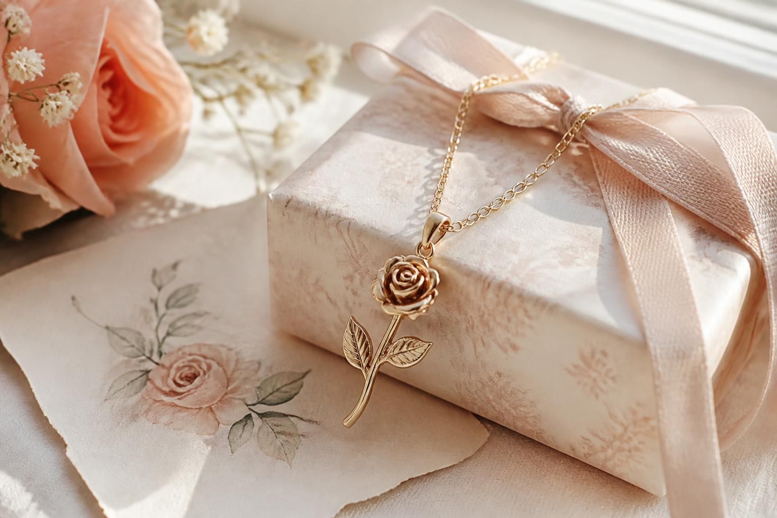 A rose pendant necklace displayed in a soft
