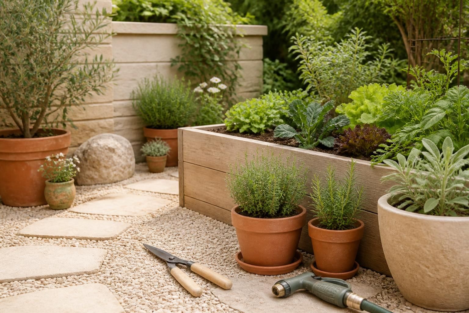 A backyard garden setup featuring a raised bed