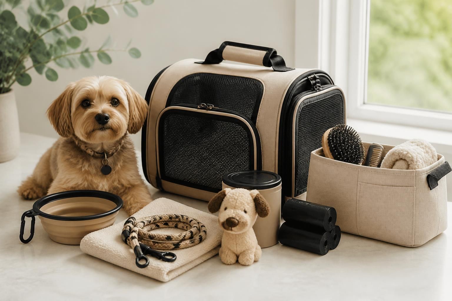 Wagnwear pet supplies arranged neatly for travel-ready convenience on a bright
