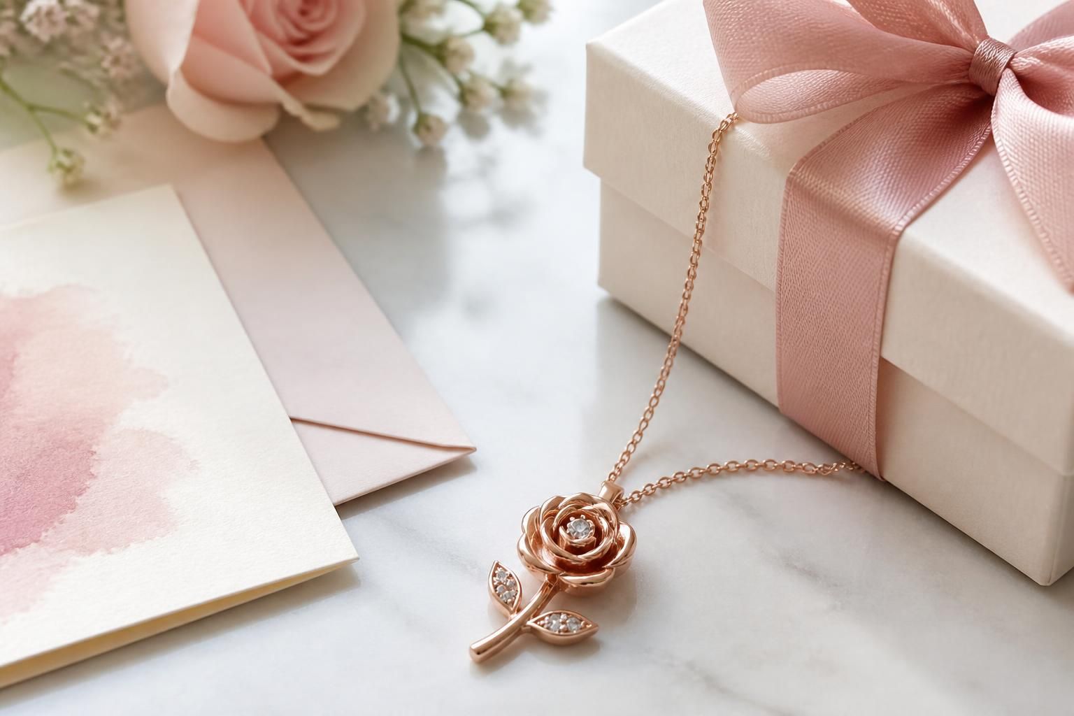 A rose-inspired necklace resting beside a handwritten birthday card and wrapped gift on a bright tabletop