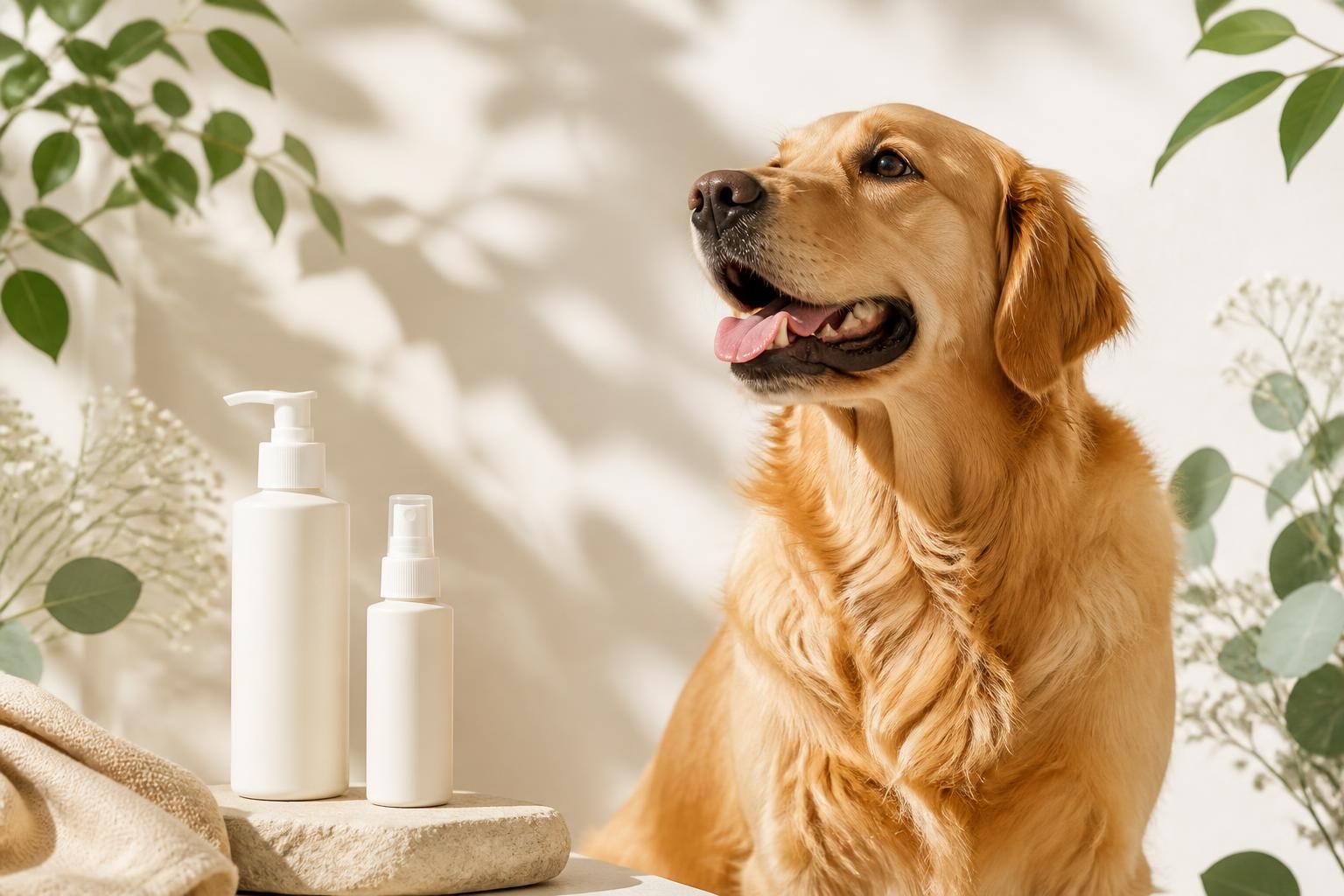 FurRevive dog coat care product styled in a warm cream-toned botanical setting