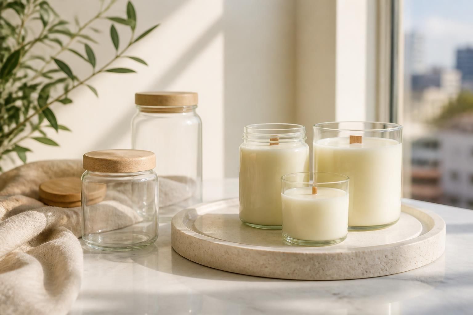 Hand-poured soy candles arranged on a pale linen surface beside a refillable glass jar and dried botanicals