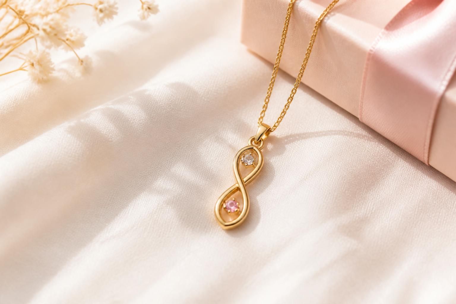 The Eternal Necklace centered in an intimate gifting moment with opened wrapping