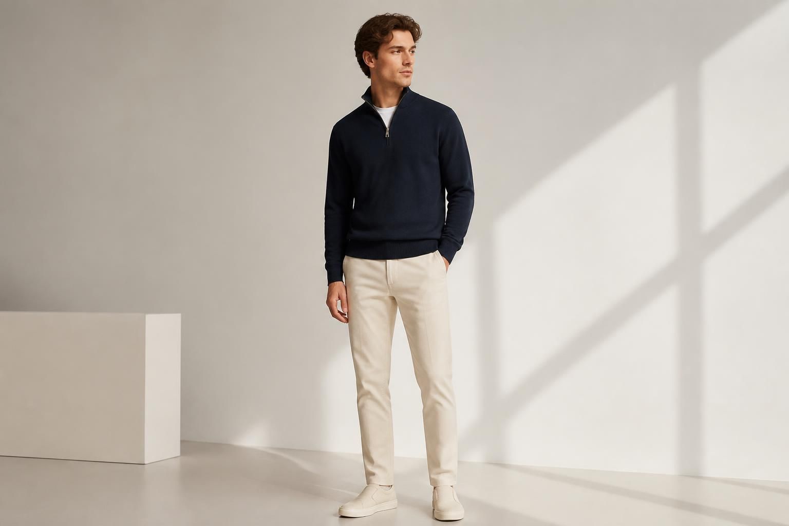 Icon Amsterdam apparel styled on a clean neutral studio backdrop with soft daylight