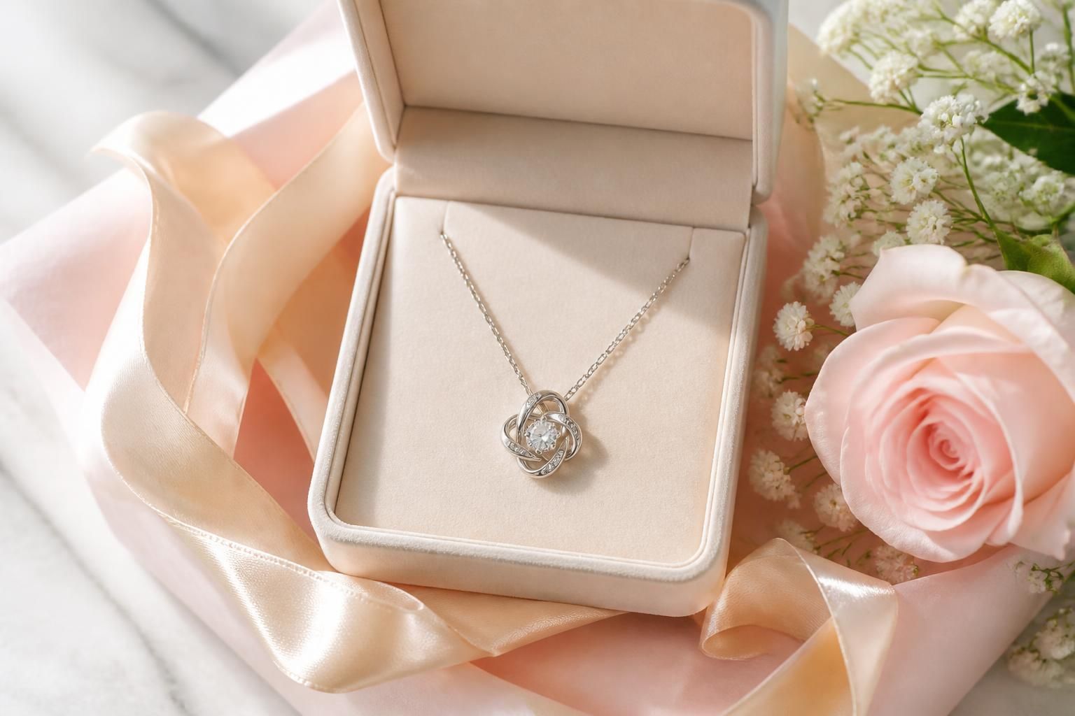 The eternal necklace resting on soft gift packaging in a bright