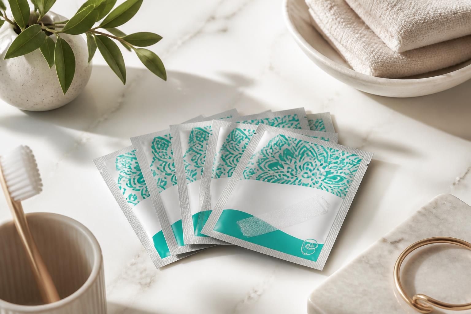 GuruNanda Whitening Strips arranged on a bright white marble surface with soft-neutral accessories
