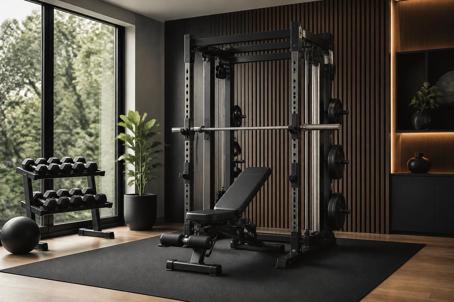Premium home fitness equipment in a stylish modern living room