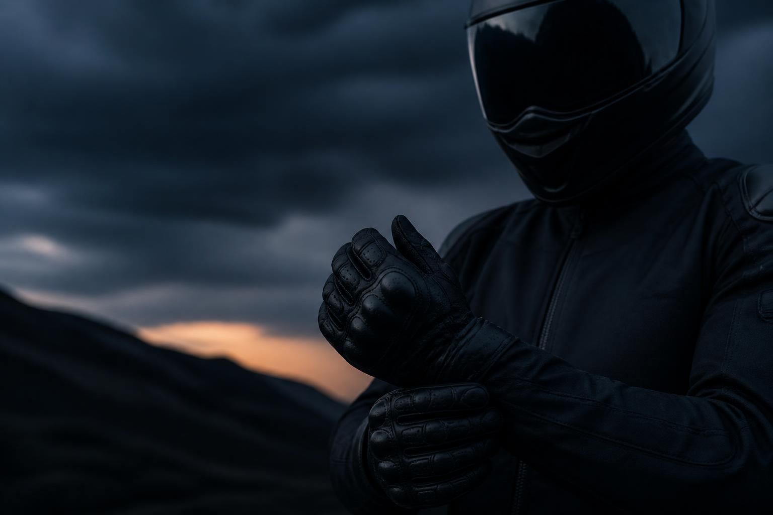Premium gloves in an action-ready lifestyle scene outdoors at dusk