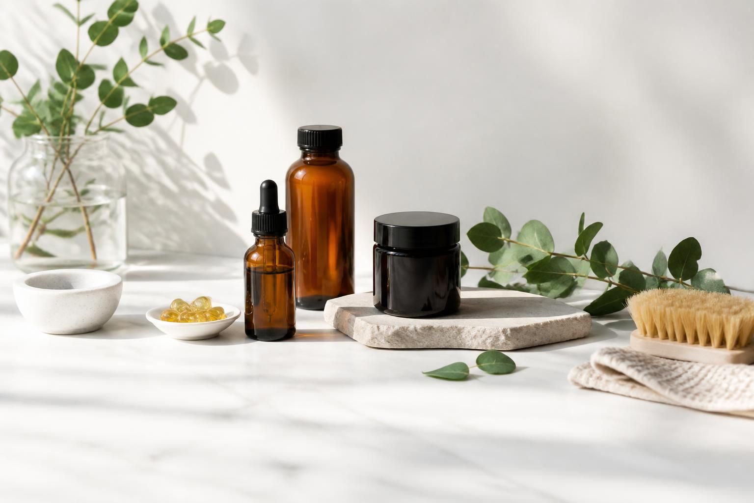 A clean, modern arrangement of natural wellness products on a bright white stone surface with soft daylight, fresh greenery…