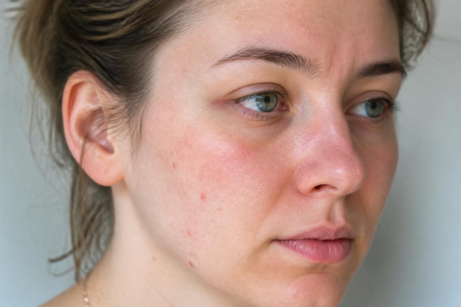 Photorealistic close-up of a woman's face with visible redness