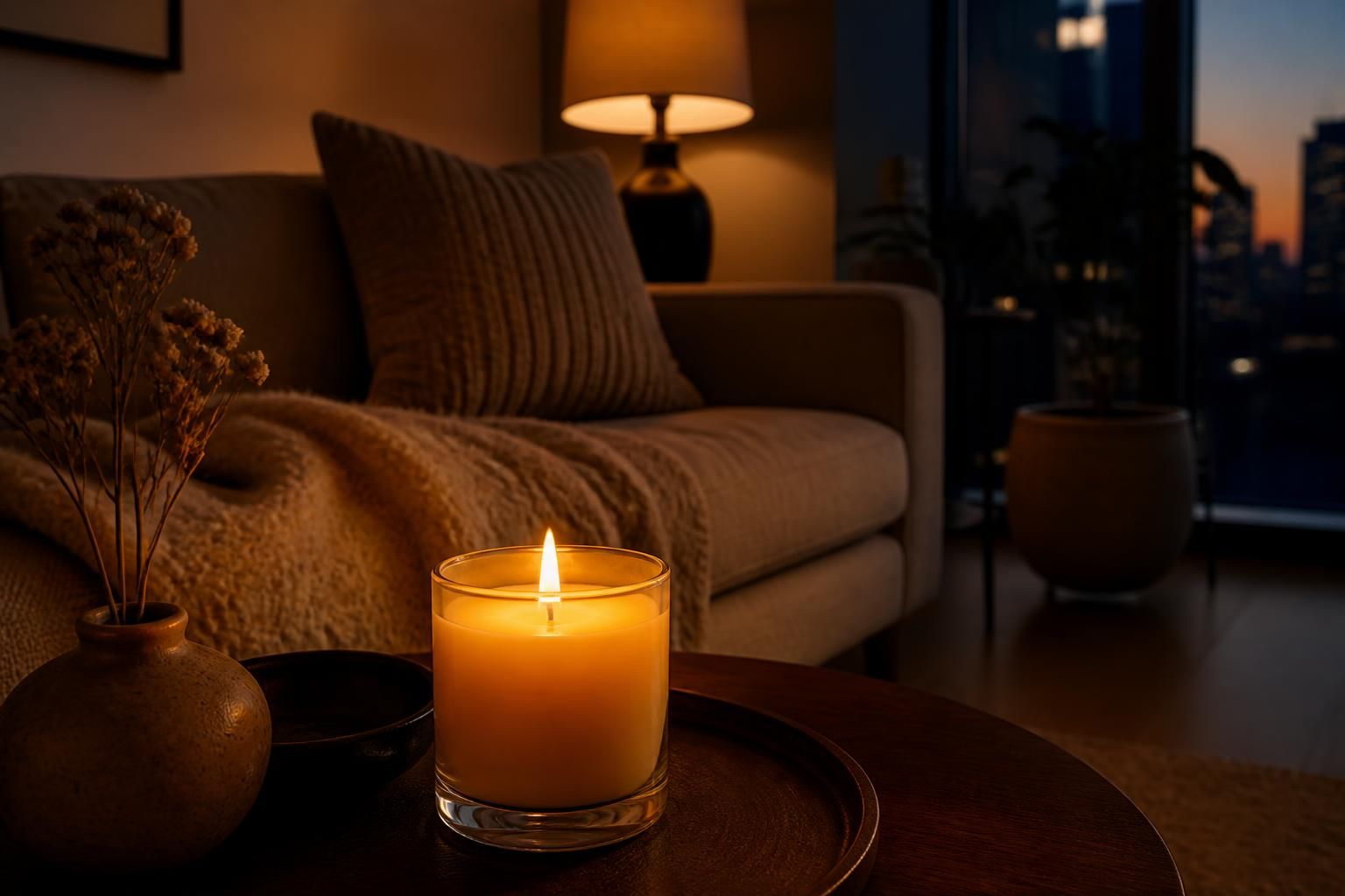 Hand-poured soy candle on a marble side table beside a linen sofa