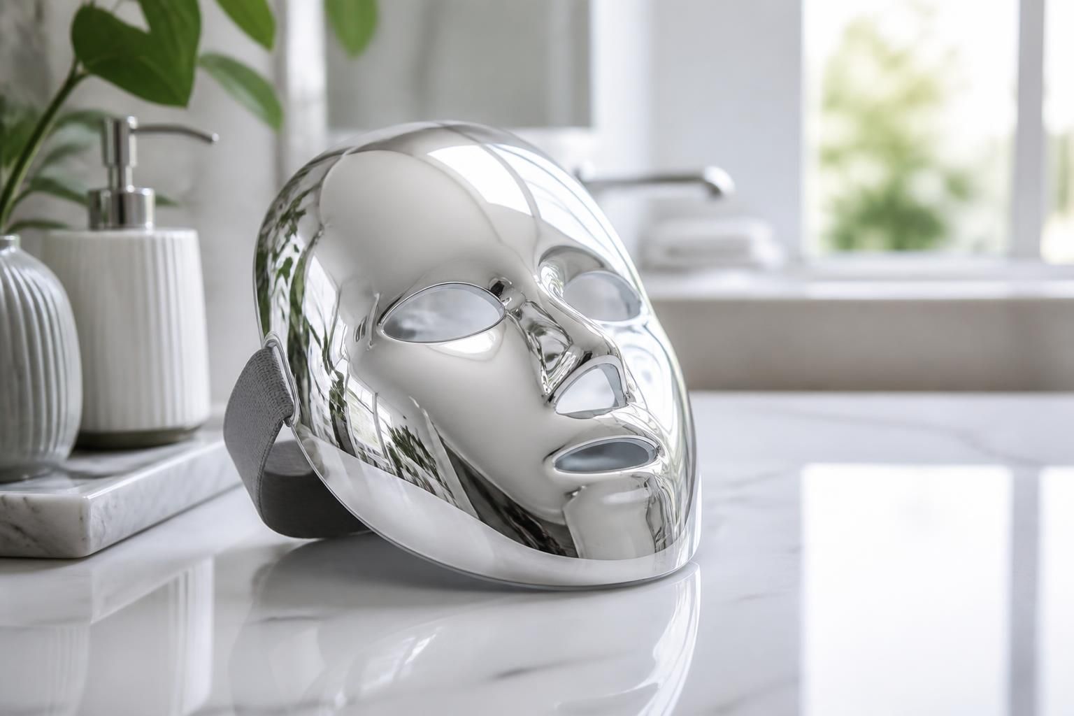 A sleek reflective beauty mask showcased in a bright modern bathroom with soft natural window light