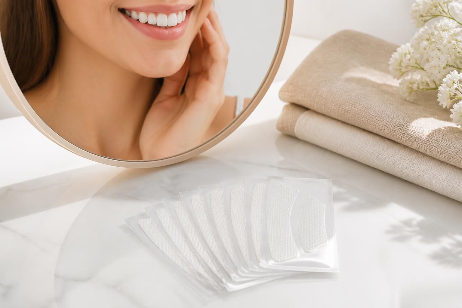 GuruNanda Whitening Strips arranged on a clean white surface beside a subtle mirrored smile and folded neutral linen