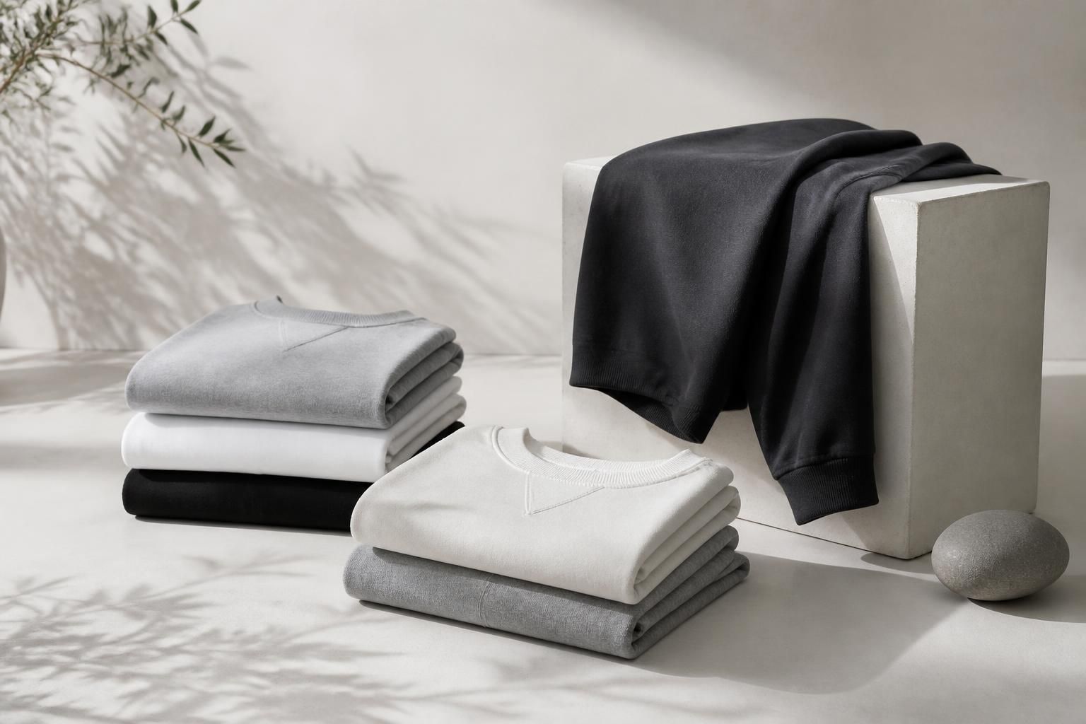 TrueWave collection of minimalist apparel arranged in an airy editorial still life on a pale studio backdrop