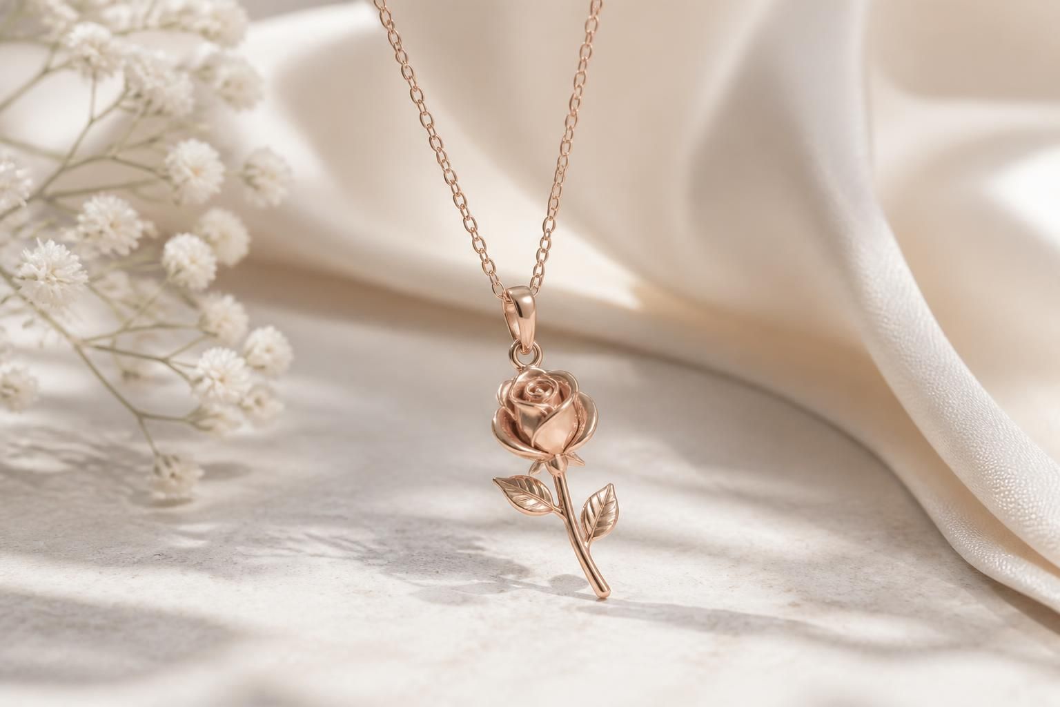 A close-up of a rose pendant necklace with a polished chain arranged on a clean pale backdrop